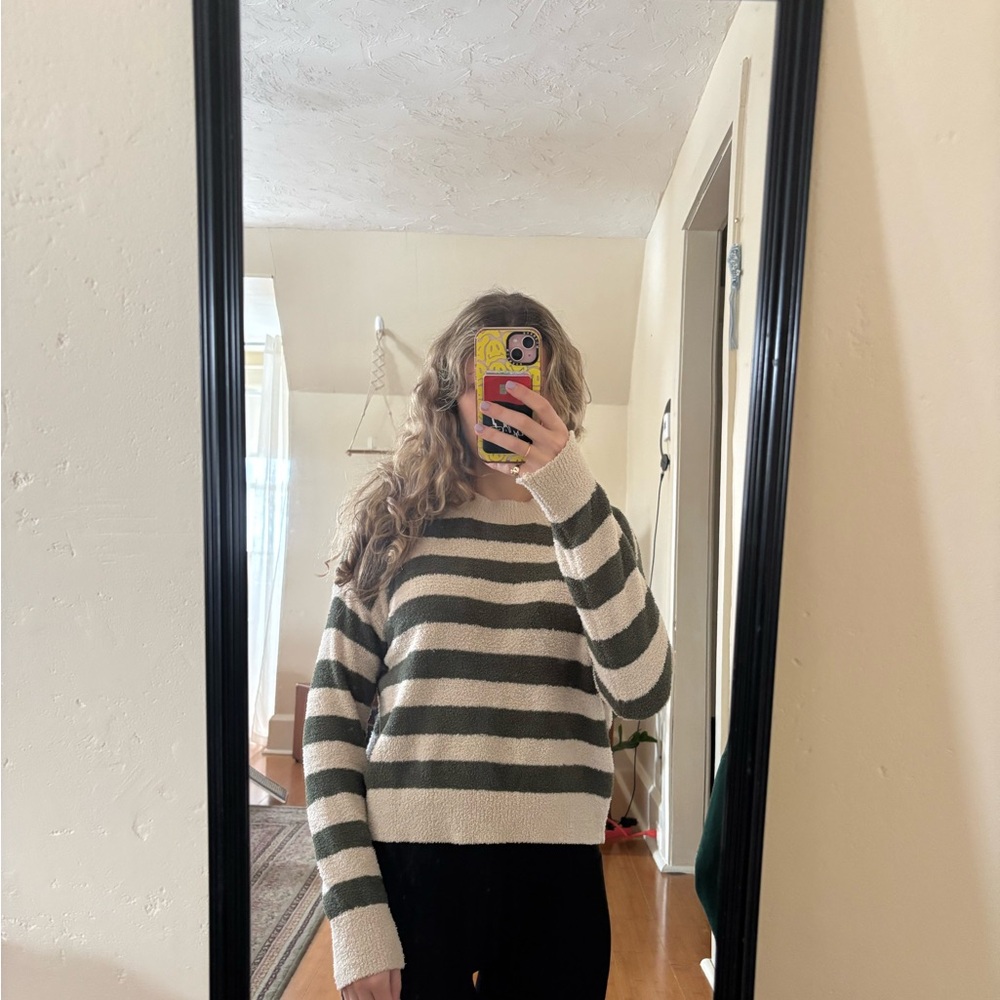 Altar'd State Olive & Cream Striped Crew Sweater